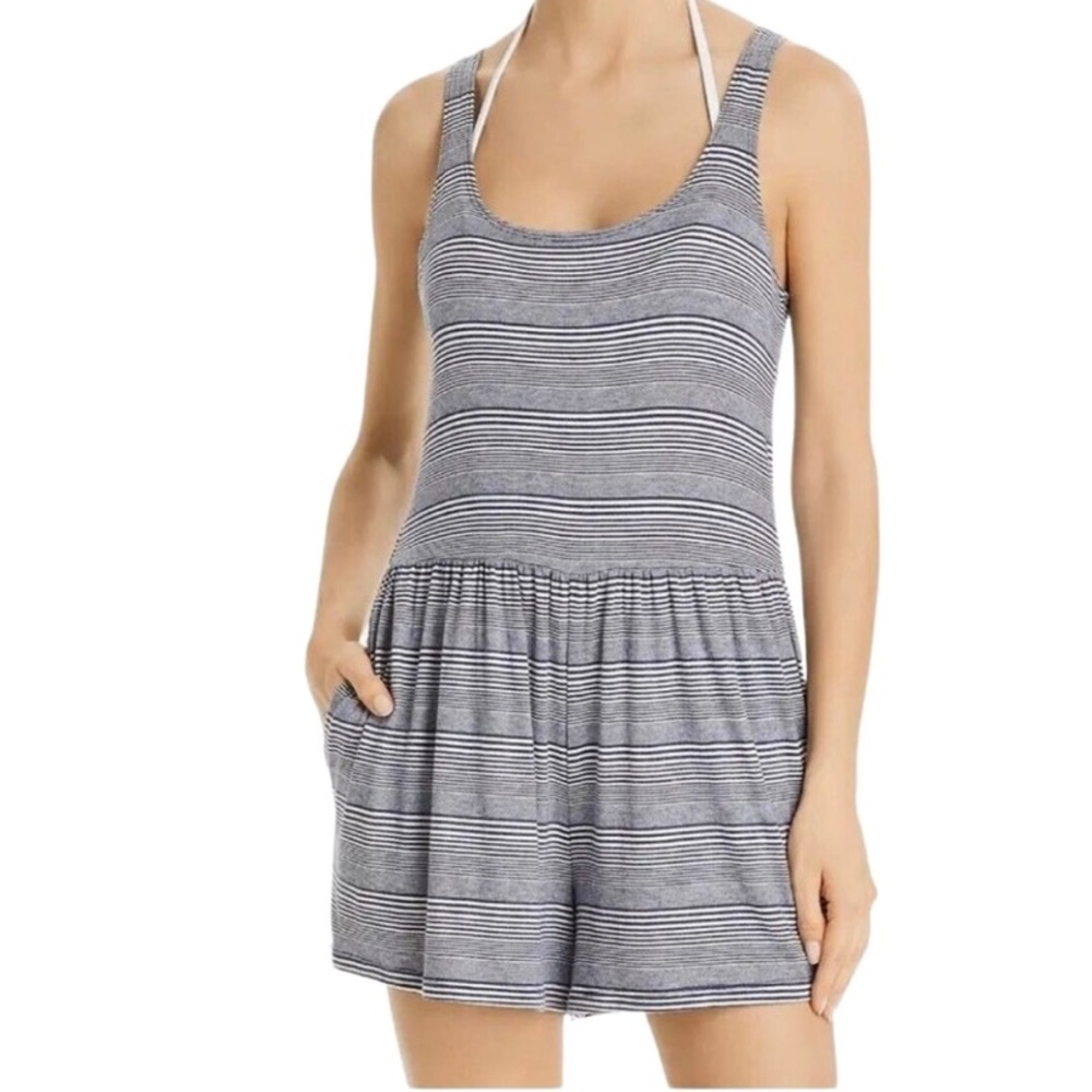 Splendid Romper, Deep Scoop Neck Blue & White Stripes, Knit Pockets Made in USA